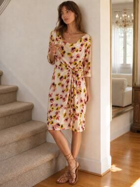 Moschino C&C Cream Yellow & Pink Pansy Silk Cowl Neck Draped Sheath Dress